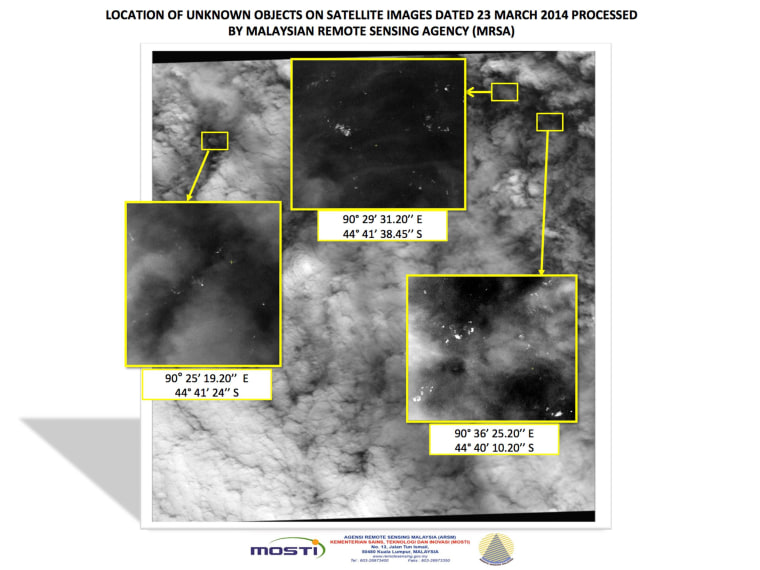 A graphic showing the location of unknown objects on satellite images dated March 23, 2014, processed by the Malaysian Remote Sensing Agency (MRSA) and released by the Malaysian government on March 26.