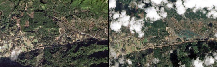 This combination of images provided by NASA shows the Oso, Wash. area on Jan. 18, left, and the same area on March 23, right, after a March 22 landslide sent muddy debris spilling across the North Fork of the Stillaguamish River.
