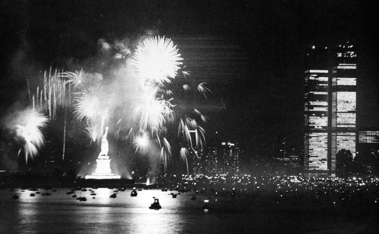 New York City celebrates the Declaration of Independence bicentennial anniversary, on July 4, 1976. The display ended a day of festivities in the New York Harbor, with boats and tall ships from across the world gathered for Operation Sail.