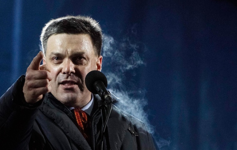 Image: Head of the All-Ukrainian Union Svoboda Party Tyagnibok attends a pro-European integration rally in Independence square in Kiev
