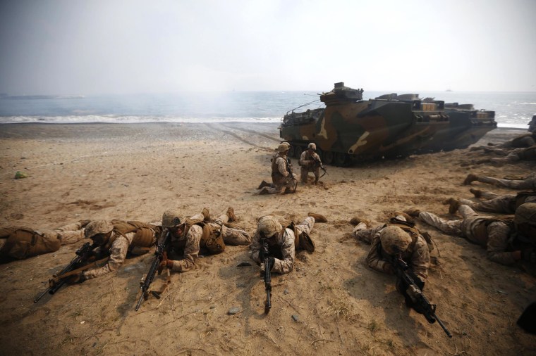 U.S. Marines participate in a U.S.-South Korea joint landing operation drill in Pohang, South Korea, on March 31, 2014. The drill is part of the two countries' annual military training called Foal Eagle.