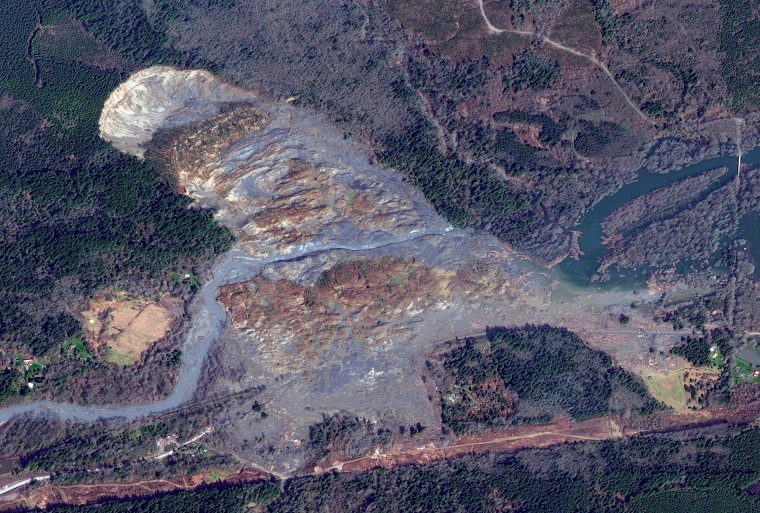 A DigitalGlobe close-up satellite image of the Oso, Washington mudslide area after the March 2014 tragedy.  Imagery collected on March 31st.  