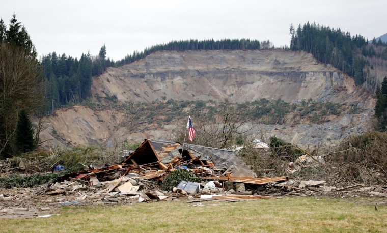 Image: A flag, put up by volunteers helping search the area, stands in the ruins of a home left at the end of a deadly mudslide from the now-barren hillside seen about a mile behind