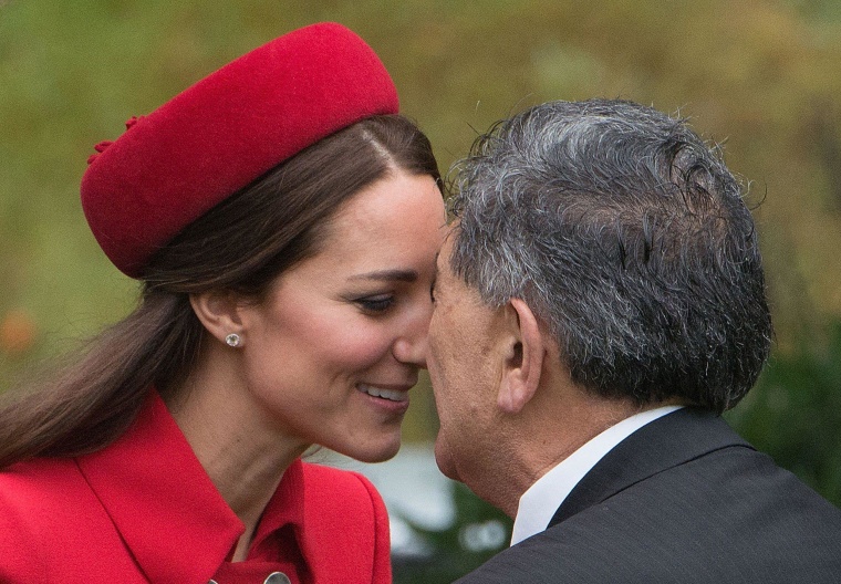 Image: The Duchess of Cambridge receives a "hongi," a traditional Maori greeting