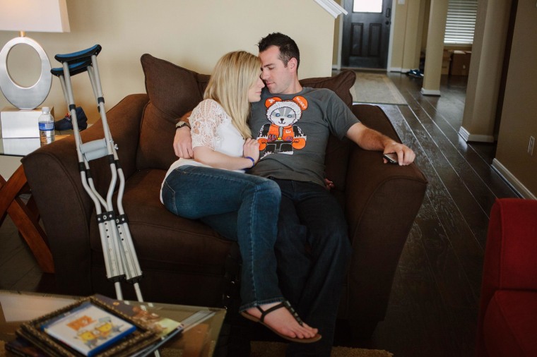 Rebekah and Pete DiMartino in their new home in Richmond, Texas. Rebekah Gregory has had 16 surgeries to try and salvage her left leg, which was seriously wounded in the Boston Marathon attacks - but it hasn't worked. DiMartino was also injured by one of the blasts.