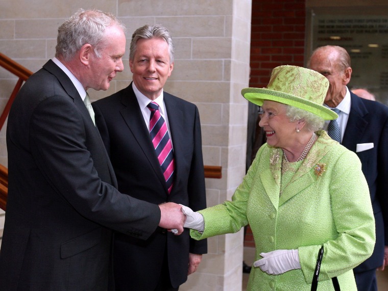 Image: Britain's Queen Elizabeth II shakes hands with Northern Ireland Deputy First Minister Martin McGuinness in 2012