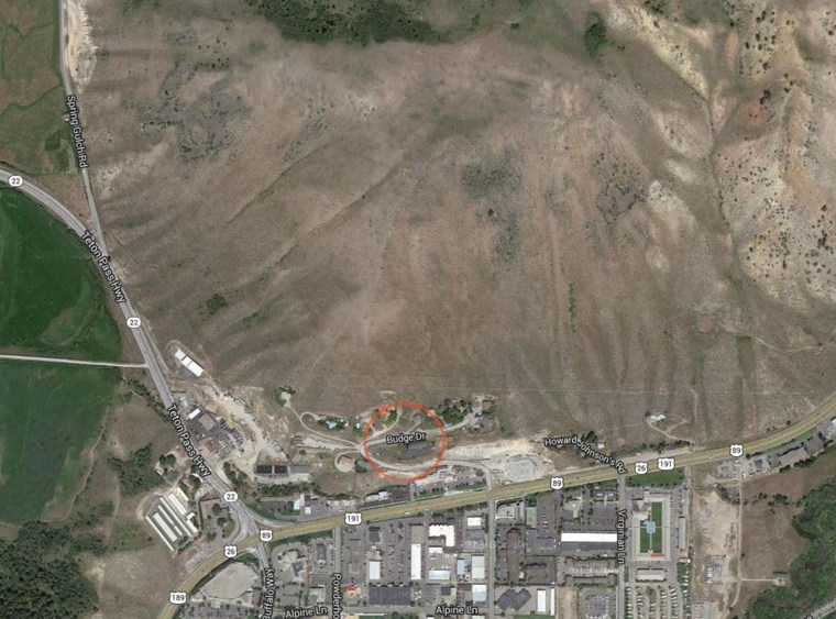 A satellite image shows the location of Budge Drive in Jackson, Wyo. Residents there were ordered to evacuate Wednesday night amid growing danger of a landslide.