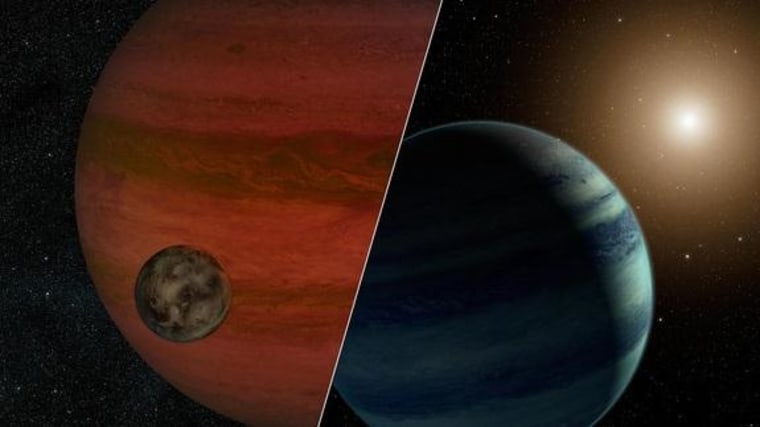 Researchers have detected the first potential "exomoon" candidate, a moon orbiting an alien planet beyond our solar system. This artist's illustration shows a possible view of the exomoon (left) and a version of the system if it is actually a star and planet.