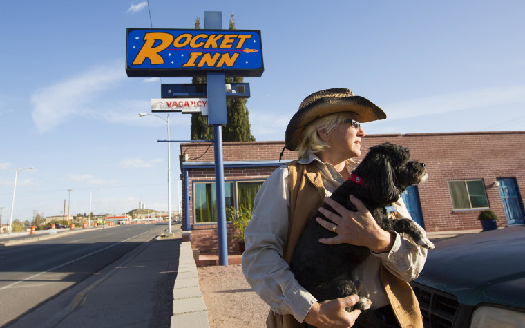 Image: Val Wilkes, co-owner of the Rocket Inn in "T or C" as the town is known locally.