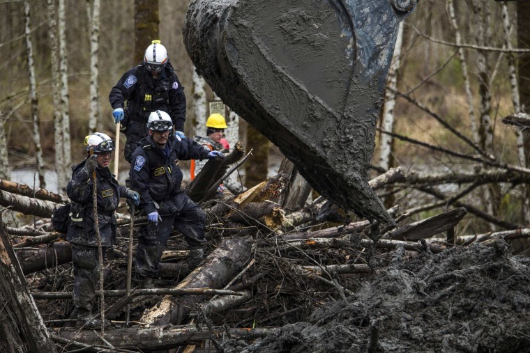 Image: Rescuers watch carefully as an excavator combs through the large debris pile left by a mudslide in Oso.