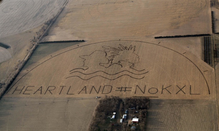 Image: A huge crop art image protesting the proposed Keystone XL pipeline covers an 80 acre corn field outside of Neligh