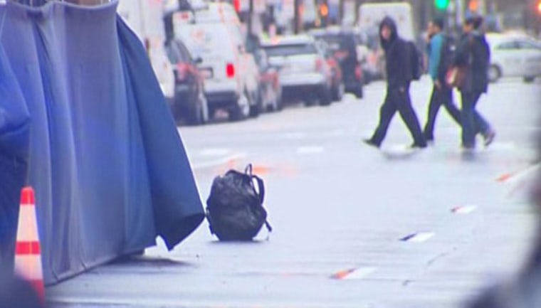 Image: A backpack that was left unattended on Boylston Street at the finish line of the Boston Marathon is pictured