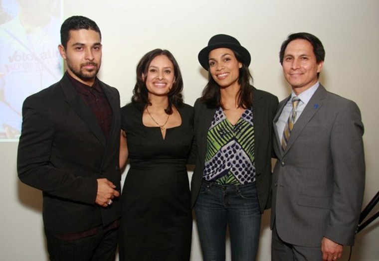 From left to right, Voto Latino's Wilmer Valderrama, Maria Teresa Kumar, Rosario Dawson and Frank D. Sanchez, Vice Chancellor at the City University of New York, at the Voto Latino 2014 Power Summit.