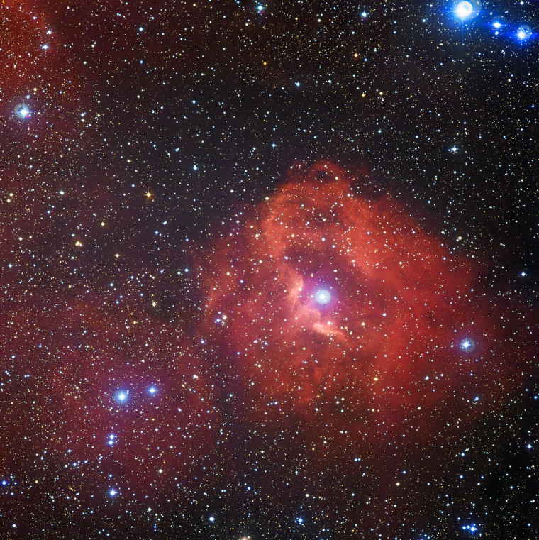 This new image from the Wide Field Imager on the MPG/ESO 2.2-meter telescope at the La Silla Observatory in Chile reveals a cloud of hydrogen and newborn stars called Gum 41. In the middle of this little-known nebula, brilliant hot young stars emit energetic radiation that causes the surrounding hydrogen to glow with a characteristic red hue.