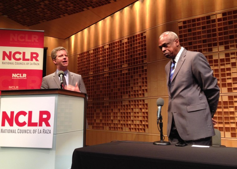 HUD Secretary Shaun Donovan discusses pending housing finance reform legislation and its effect on Latinos and other communities of color with Wade Henderson, president and CEO of The Leadership Conference on Civil and Human Rights, on April 16 at a forum sponsored by the National Council of La Raza.