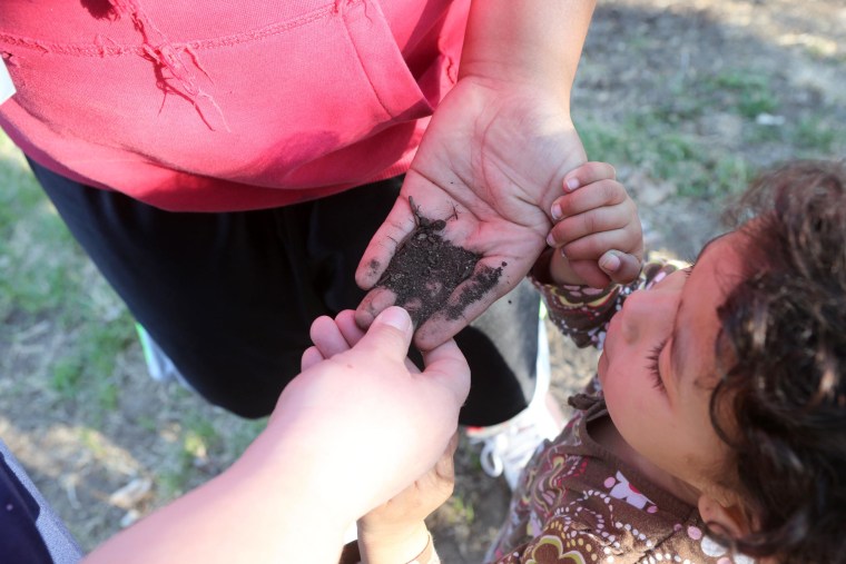 Image: Jaime Grimes son Kevin, 13, shows his sister Olivia, 3, dirt from the community garden they will plant this summer to supplement their food supply in Lincoln, Nebraska.