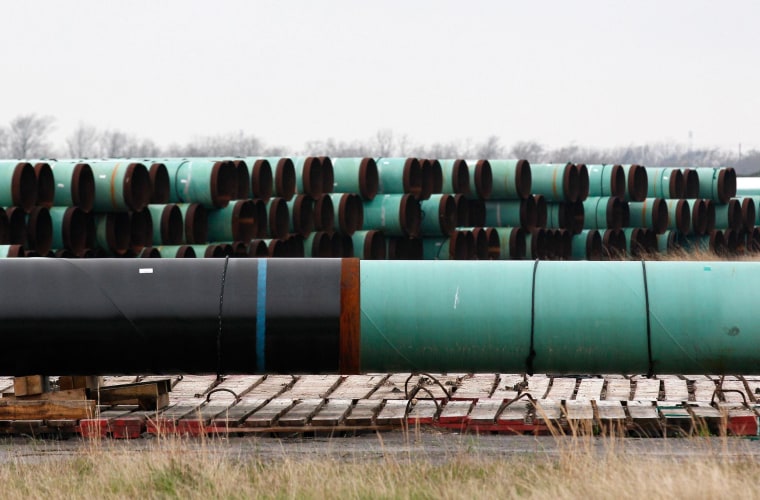 Image: Stacks of pipe are stored at the pipe yard for a component of the Keystone pipeline