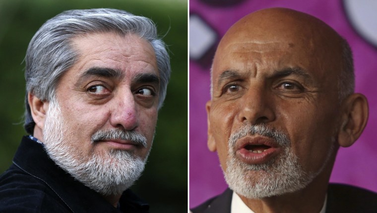 Abdullah Abdullah, left, and Ashraf Ghani are in first and second place respectively with 50% of the votes counted..