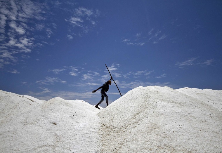 Image: A worker walks through a salt pan on the outskirts of Chennai