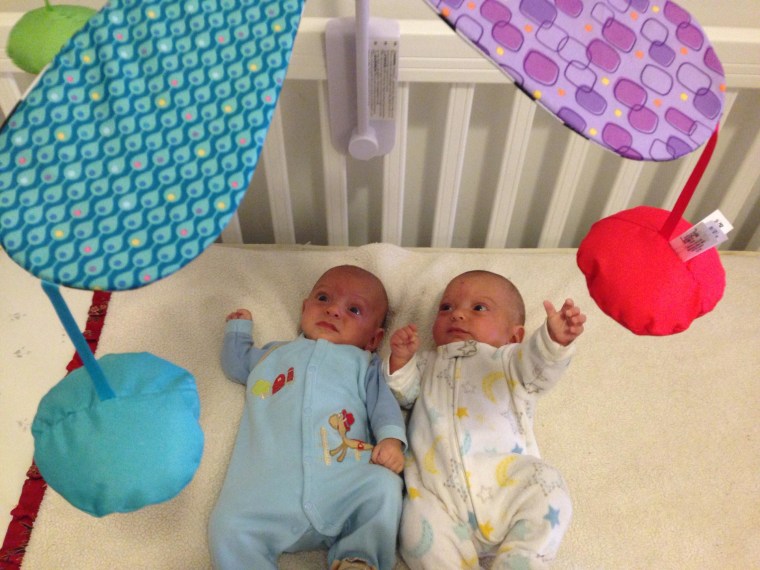 Five-month-old identical twins, from left, Walker and Henry Nighswander were born at 27 weeks.