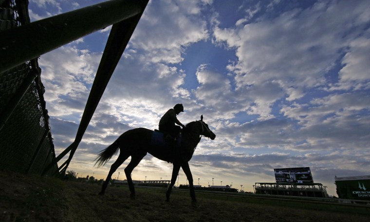 Image: A horse goes for a morning workout at Churchill Downs in Louisville on Saturday ahead of the 104th running of the Kentucky Derby.