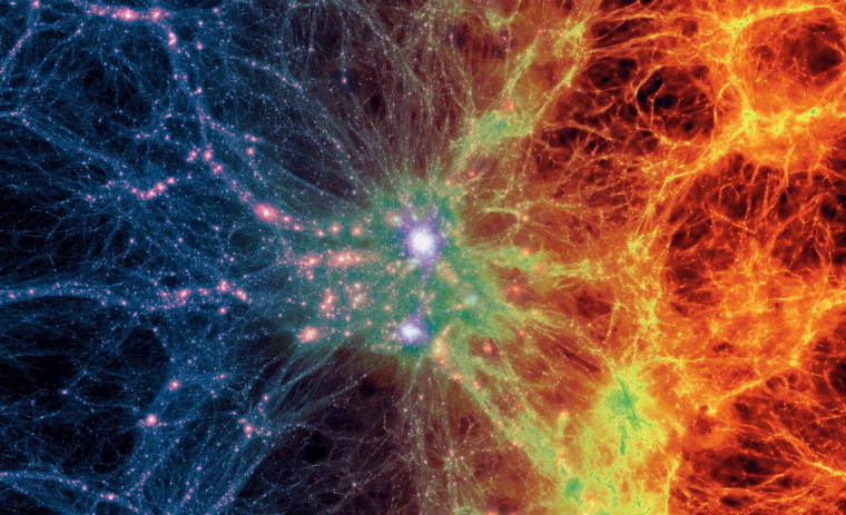 A view of Illustris's largest cluster, showing dark matter density (left) and gas density (right).