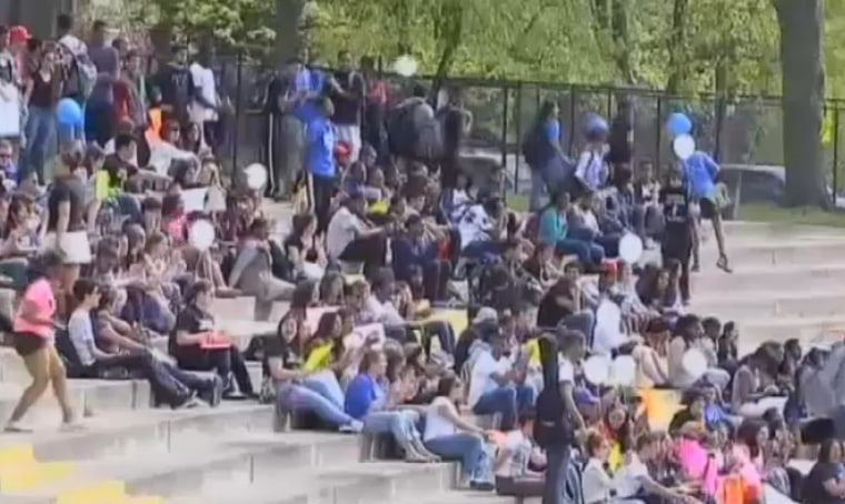 Image: Dozens of students at Teaneck High School held a rally after school Wednesday in support of the 63 students arrested last week in a senior prank, and to protest the charges.