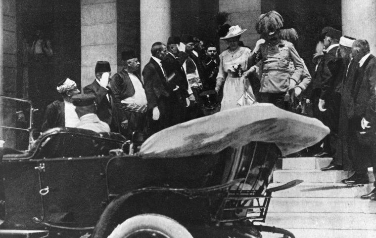 Image: Archduke Franz Ferdinand and his wife, Czech Countess Sophie Chotek, leave City Hall on June 28, 1914. A short time later the couple were assassinated by a Serb nationalist.