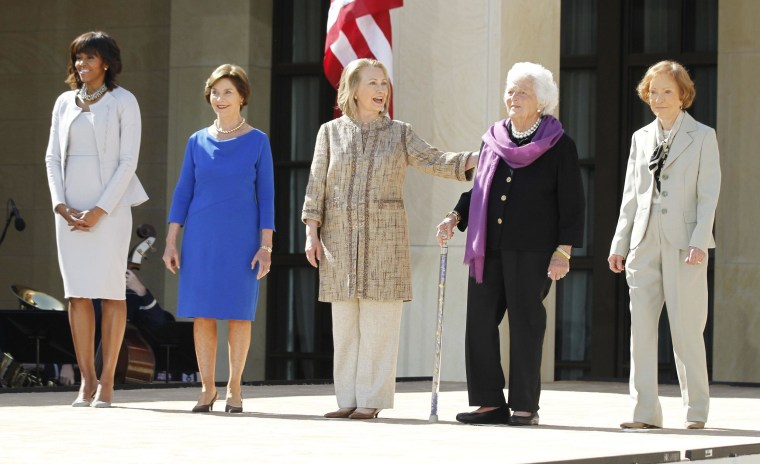 Image: U.S. First Lady Obama poses with former first ladies as they attend the dedication ceremony for the George W. Bush Presidential Center in Dallas