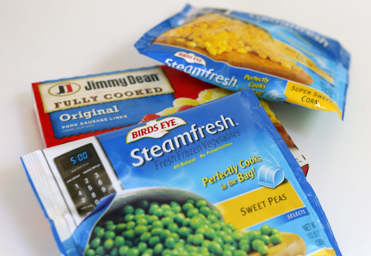 Image:  A package of Hillshire Brands Jimmy Dean sausages is shown with Pinnacle Foods frozen vegetable Bird's Eye brand