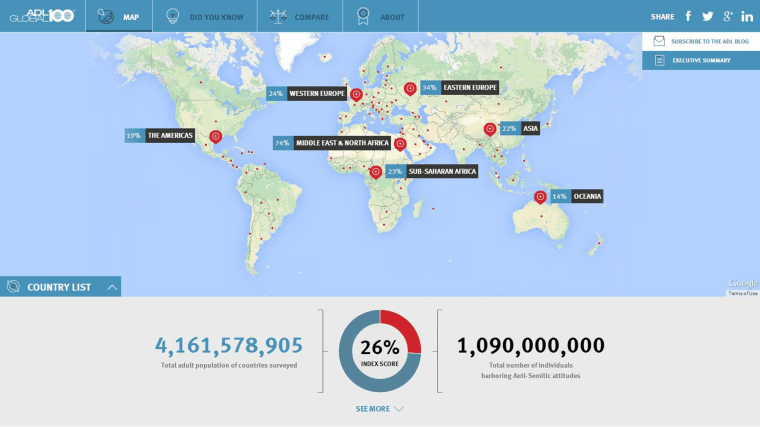 Image: The 'ADL Global 100' report surveyed more than 100 countries to determine the extent of anti-Jewish sentiment worldwide