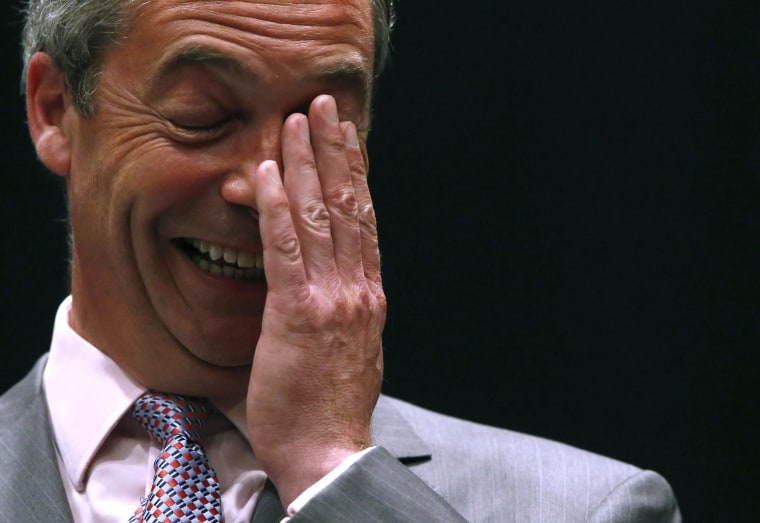 Image: UK Independence Party (UKIP) leader Nigel Farage reacts on stage after announcement of the results of the European Parliament election for the south east region, in Southampton