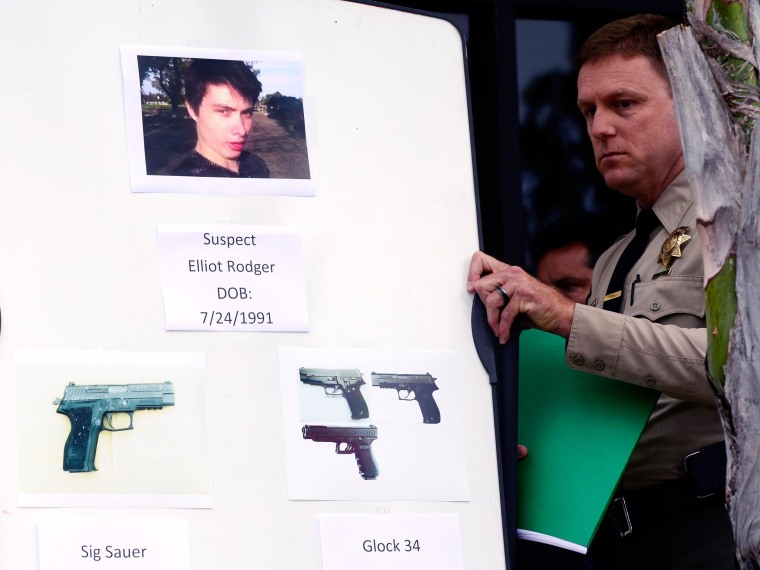 Image: An image of Elliot Rodger and models of the weapons he used in a shooting rampage