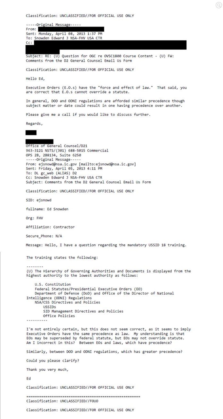 NSA Edward Snowden email exchange