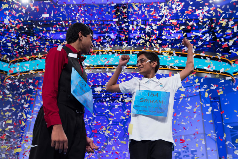 Image: Ansun Sujoe, 13, of Fort Worth, Texas, left, and Sriram Hathwar, 14, of Painted Post, N.Y., celebrate after being named co-champions of the National Spelling Bee