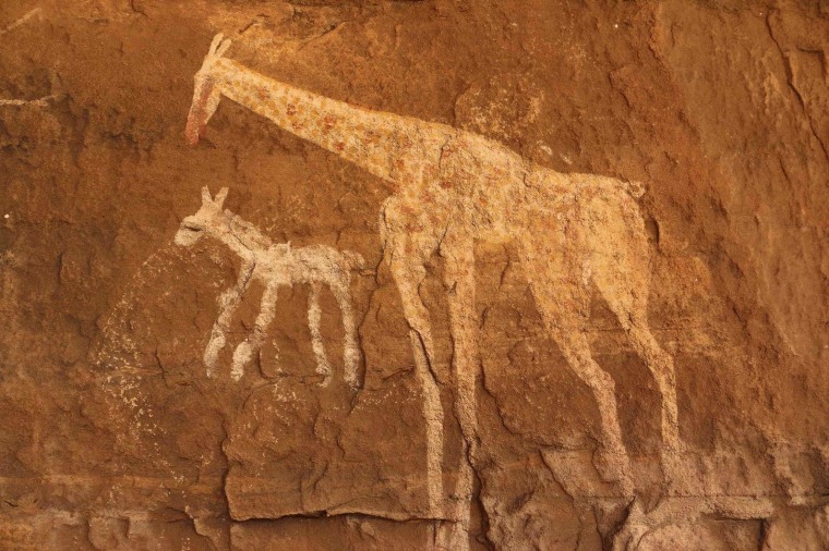 Image: Vandalised rock art is pictured at Tadrart Acacus