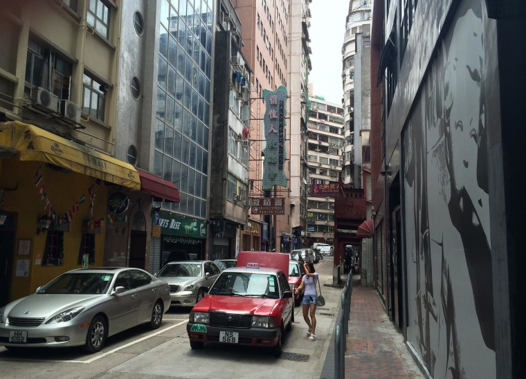 The June 4 museum is on the 5th floor of a nondescript building in Hong Kong, seen here to the right of the yellow pub.