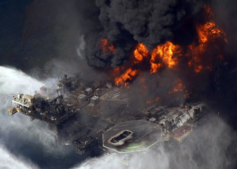 Image: The Deepwater Horizon oil rig is seen burning in the Gulf of Mexico more than 50 miles southeast of Venice on Louisiana's tip