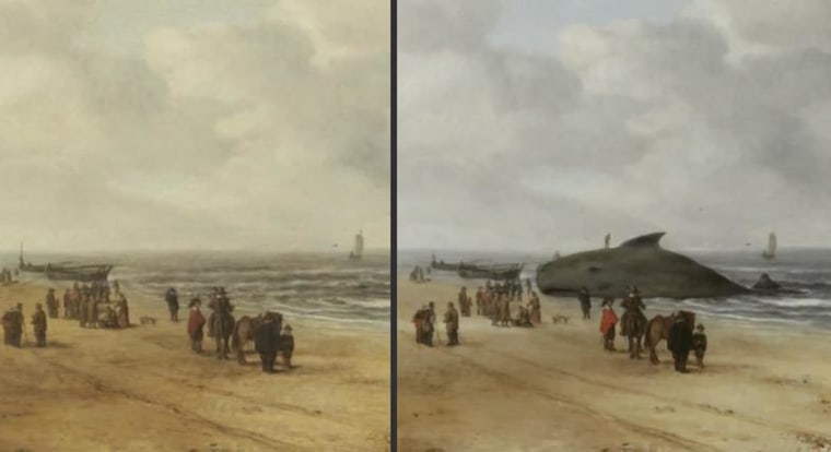 Image: Dutch restorers discovered a whale after cleaning a 17th century painting.