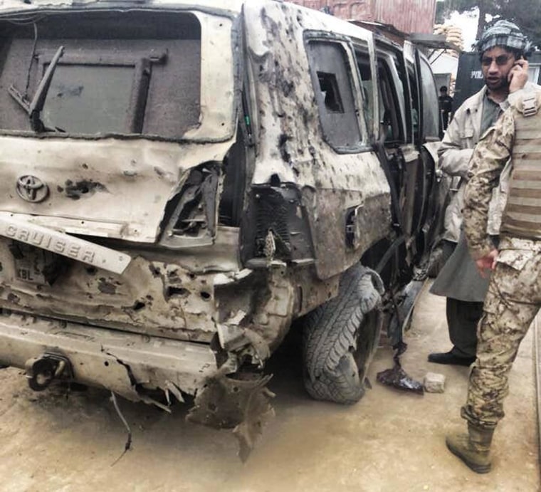 The vehicle that Abdullah Abdullah was travelling in when it was hit by a suicide attacker in Kabul on June 6, 2014.