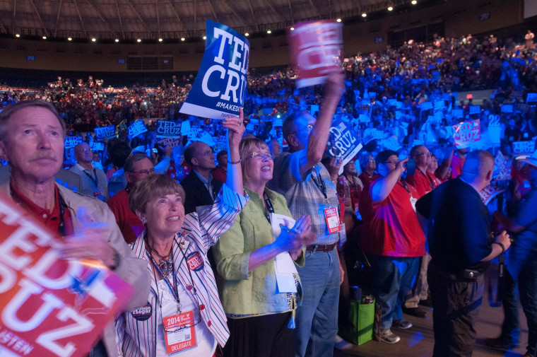 Image: Delegates to the Texas Republican Convention cheer Texas Sen. Ted Cruz during his speech in Fort Worth, Texas