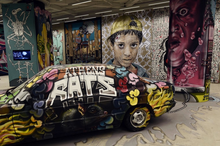 Image: A view of the street art and graffiti exhibition at the private Onassis Foundation