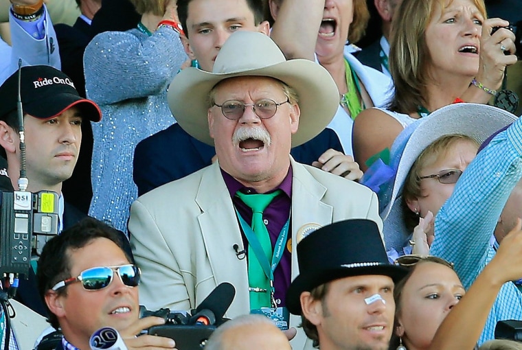 Steve Coburn, co-owner of California Chrome, reacts while watching the 146th running of the Belmont Stakes at Belmont Park on June 7, 2014 in Elmont, New York.