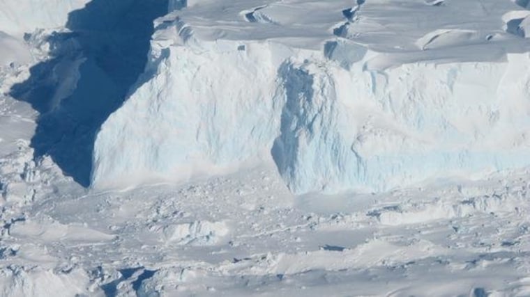 The edge of the Thwaites glacier, shown here in an image taken during Operation Icebridge, a NASA-led study of Antarctic and Greenland glaciers. The blue along the glacier front is dense,