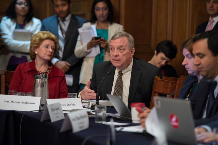 Sen. Dick Durbin of Illinois speaks at a media roundtable with Democratic senators to discuss immigration reform in Washington in this undated photo.