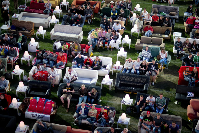 Image: German soccer fans watched the opening game of the World Cup on sofas in Berlin on Thursday.