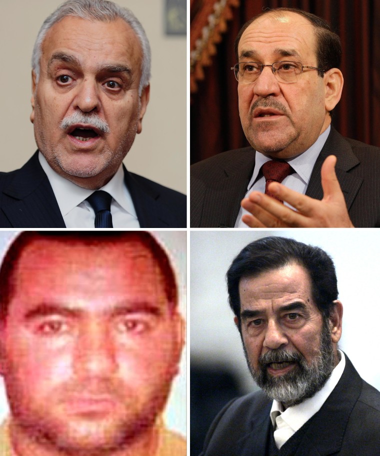 Image: Former Iraqi Vice President Tariq al-Hashemi, Iraqi Prime Minister Nouri al-Maliki, Former Iraqi President Saddam Hussein, and ISIS leader Abu Bakr al-Baghdadi.
