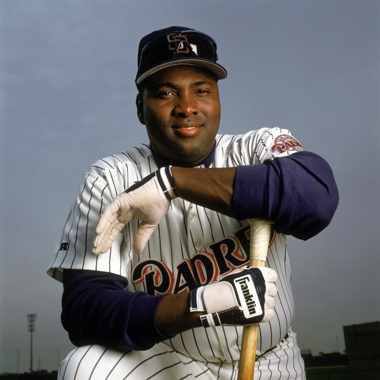 Tony Gwynn #19 of the San Diego Padres poses for a circa 1990s publicity photo. Gwynn spent his entire career with the Padres, from 1982-2001.