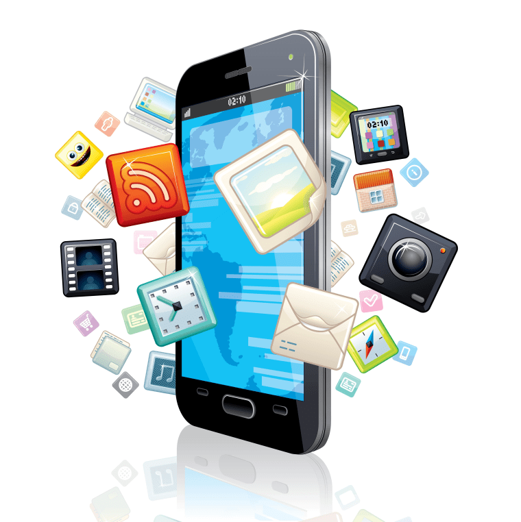 Touchscreen Smart Phone with Cloud of Media Application Icons. Vector Image