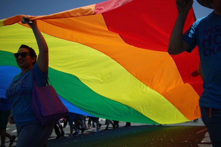 Image: Marchers carry a rainbow flag in the LA Pride Parade on June 8